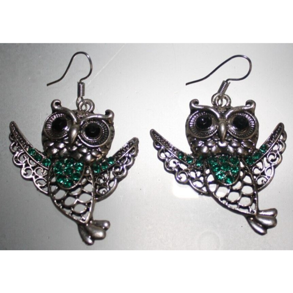 Silver Owl Earrings Black & Green Rhinestones Women's Fashion Jewelry NWT - Picture 1 of 3